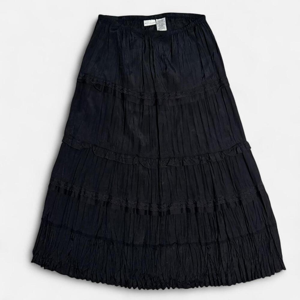 Vintage White Stag Y2K Black Tiered Cotton Maxi Skirt with Ruffles and Lace